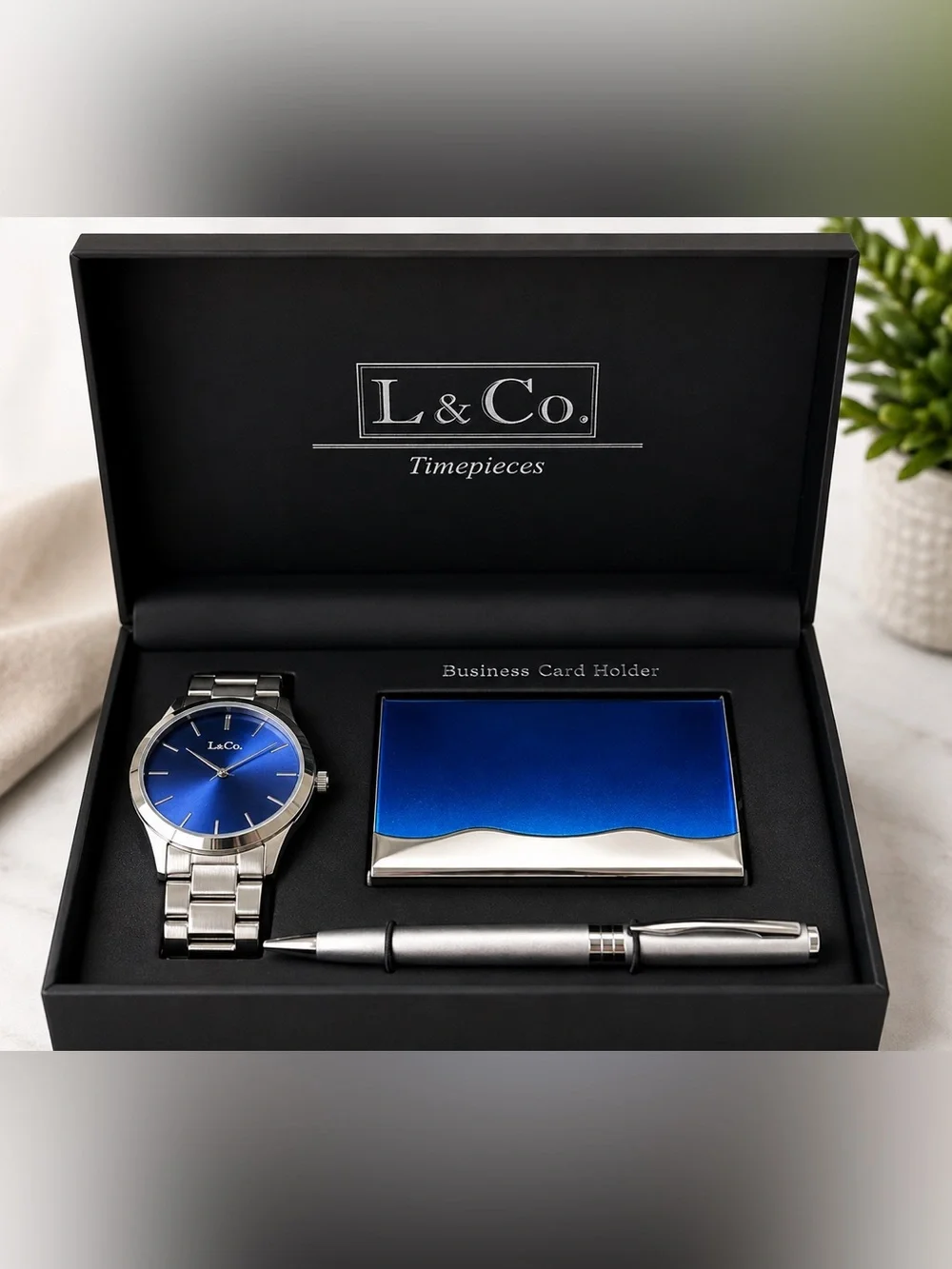 L & Co. Timepieces Men’s Watch Business Card Holder Pen Gift Set New